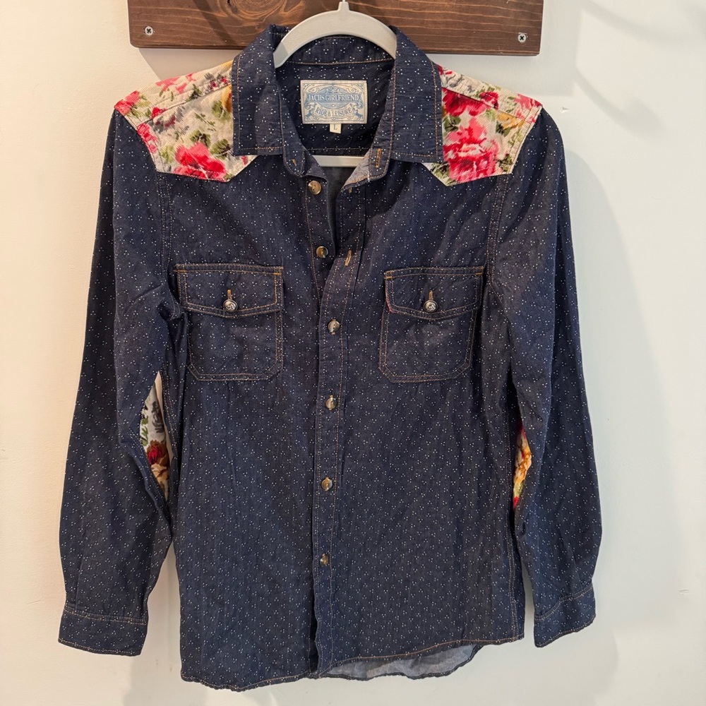 JACHS Girlfriend Navy Dot Western Shirt with Floral Yoke